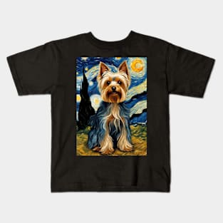 Yorkshire Terrier Yorkie Dog Breed in a Van Gogh Starry Night Art Style Kids T-Shirt